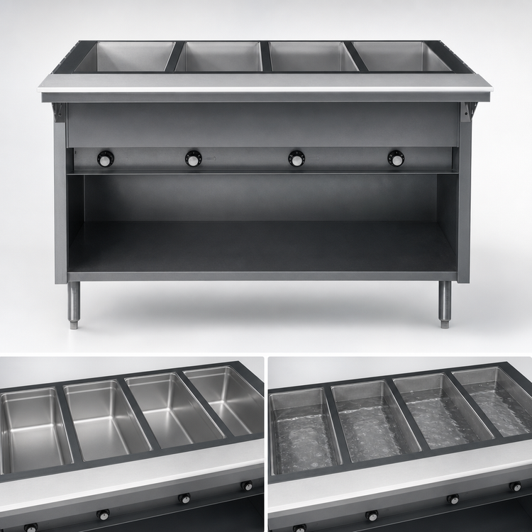 Product image #3 for Spec-Master Electric Hot Food Table with 4 Wet or Dry Wells, Open Cabinet Base, 63-1/2"W
