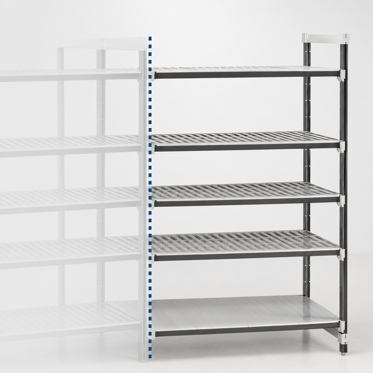 Product image #3 for Cambro Camshelving Elements XTRA Stationary Add-On Shelving Unit, 18" x 36" x 84", 5-Tier Vented & Solid, Speckled Gray