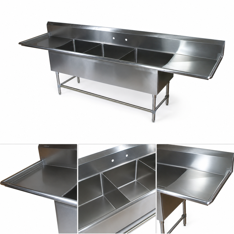Product image #3 for John Boos Pro-Bowl 3-Compartment Sink with Dual 30-Inch Drainboards, 16 Gauge Stainless Steel Floor Model