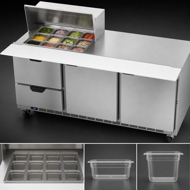 Product image #4 for Beverage-Air SPED72HC-12M-2 72-Inch Three-Section Mega Top Sandwich Prep Table with 2 Drawers, 2 Doors and 12 Pan Openings