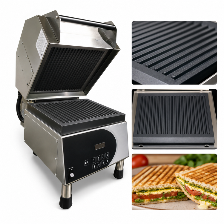 Product image #3 for Nemco PaniniPro™ Countertop Commercial Panini Press with Grooved Top and Bottom Plates, 240V