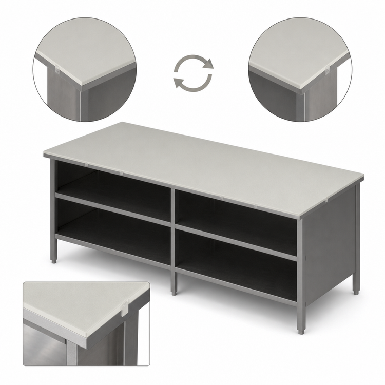 Product image #3 for John Boos 108"W x 30"D Reversible Poly Top Work Table with Open Front Cabinet Base and Stainless Steel Undershelf