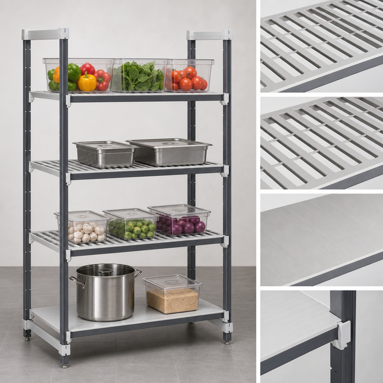 Product image #3 for Cambro Camshelving Elements XTRA 24" x 60" x 84" Stationary Starter Polymer Shelving Unit, 4-Shelf, Speckled Gray