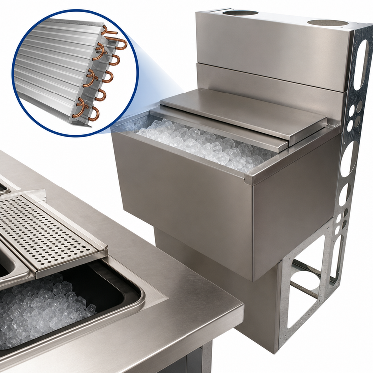 Product image #3 for BK Resources Underbar Ice Bin with 8-Circuit Aluminum Cold Plate, 140 lb Capacity, 43-Inch Wide