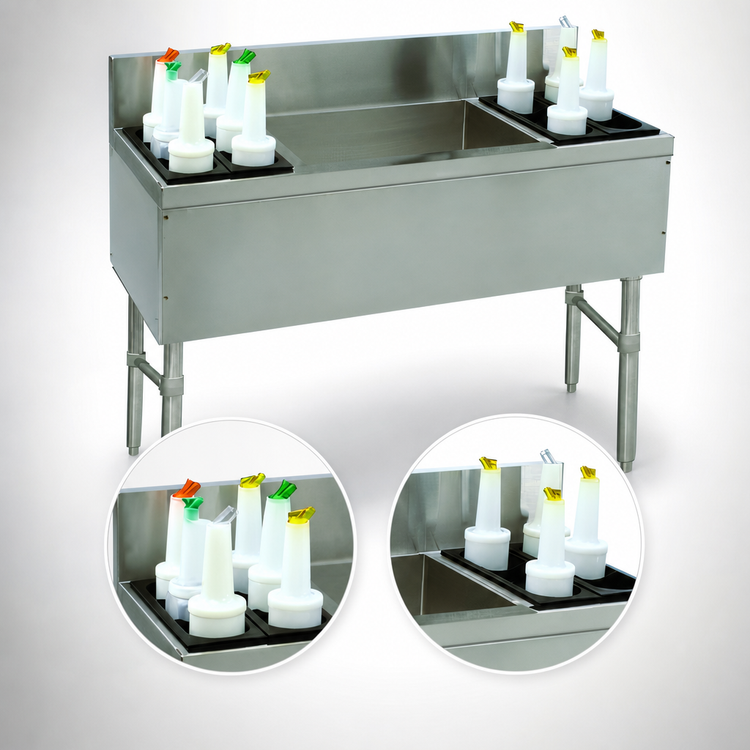 Product image #3 for Advance Tabco Prestige 48-Inch Stainless Steel Underbar Ice Chest with Dual Bottle Racks and 7-Inch Backsplash