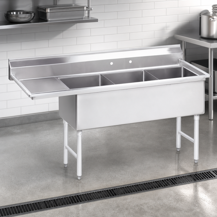 Product image #3 for Advance Tabco 3-Compartment Fabricated Sink with 30-Inch Left Drainboard, 24 x 30 x 14-Inch Bowls, 304 Stainless Steel
