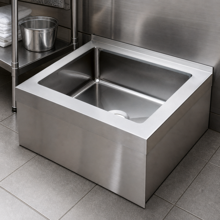 Product image #3 for Omcan USA Stainless Steel Floor-Mount Mop Sink with Drain Basket, 28 x 20 x 6 Inch Bowl