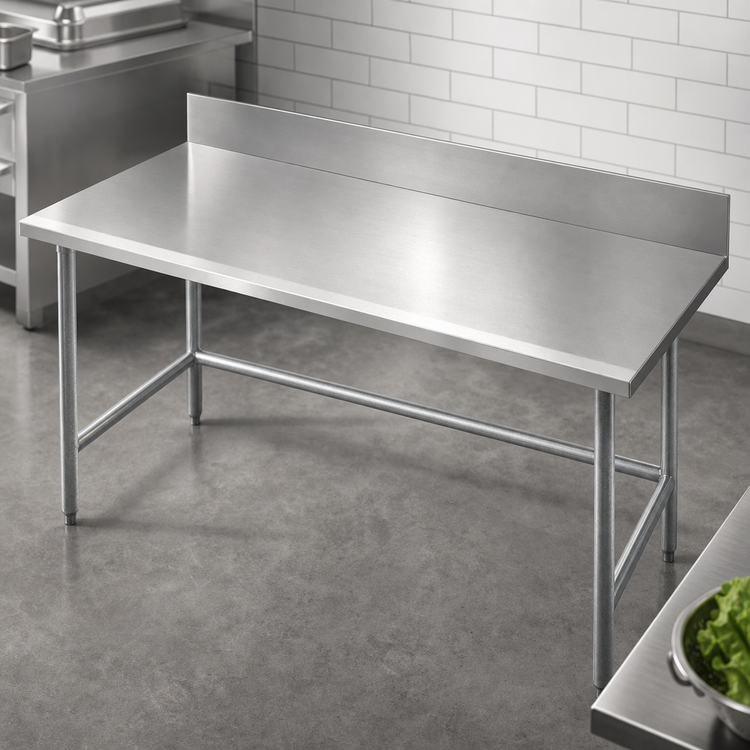 Product image #3 for Advance Tabco 72-Inch x 30-Inch 14 Gauge 304 Stainless Steel Work Table with 10-Inch Backsplash, No-Drip Edge, and Galvanized Open Base