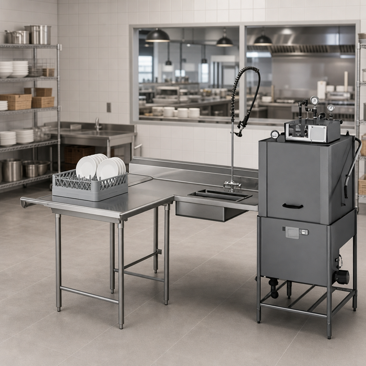 Product image #3 for Eagle Group Island Soiled Dishtable with Dish Landing Shelf and Pre-Rinse Sink, 96 in Machine-to-Corner, 60 in Corner-to-End, Right-to-Left Operation