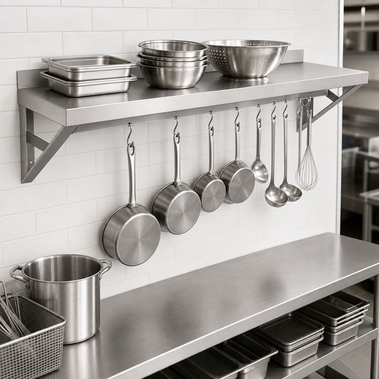 Product image #3 for Wall-Mount 18-Gauge Stainless Steel Overshelf with Pot Rack, 48 x 12 Inches