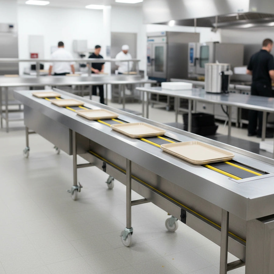 Experience consistent and smooth tray transportation with the durable dual urethane band belts of this 12 ft. make-up conveyor.