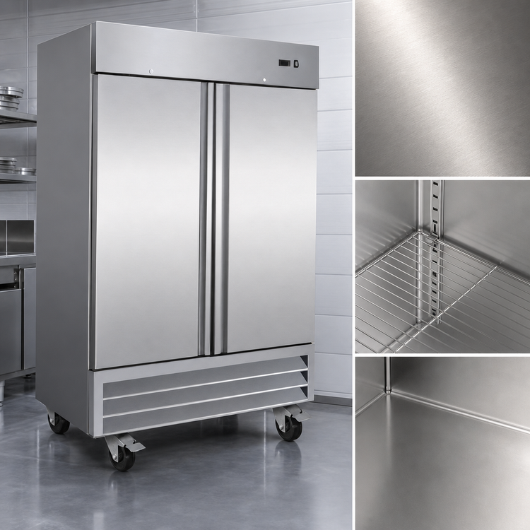 Product image #3 for Serv-Ware 2 Door 35 Cu. Ft. Stainless Steel Reach-In Refrigerator, Bottom-Mounted Compressor