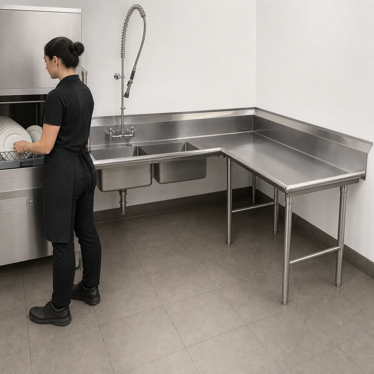 Product image #3 for Advance Tabco Korner L-Shaped Right-Hand Soil Dishtable with Pre-Rinse Sink, 71-Inch, 16-Gauge 304 Stainless Steel