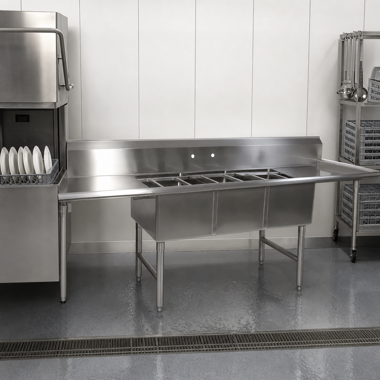 Product image #3 for John Boos Straight Dishtable/Pot Sink with 3 Compartments, 2 Drainboards, and Left-Side Dish Machine Attachment