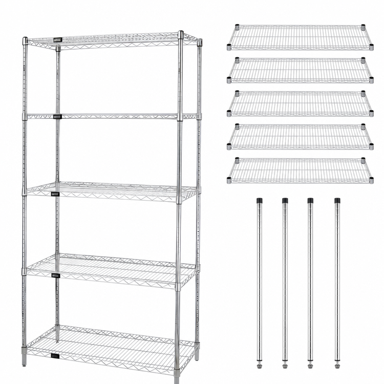 Product image #3 for Quantum Chrome-Plated Wire Shelving Starter Kit, 48"W x 12"D x 63"H, 5 Shelves