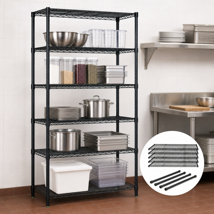 Product image #3 for Quantum 48 Inches W x 12 Inches D x 74 Inches H Black Epoxy Antimicrobial Wire Shelving Starter Kit