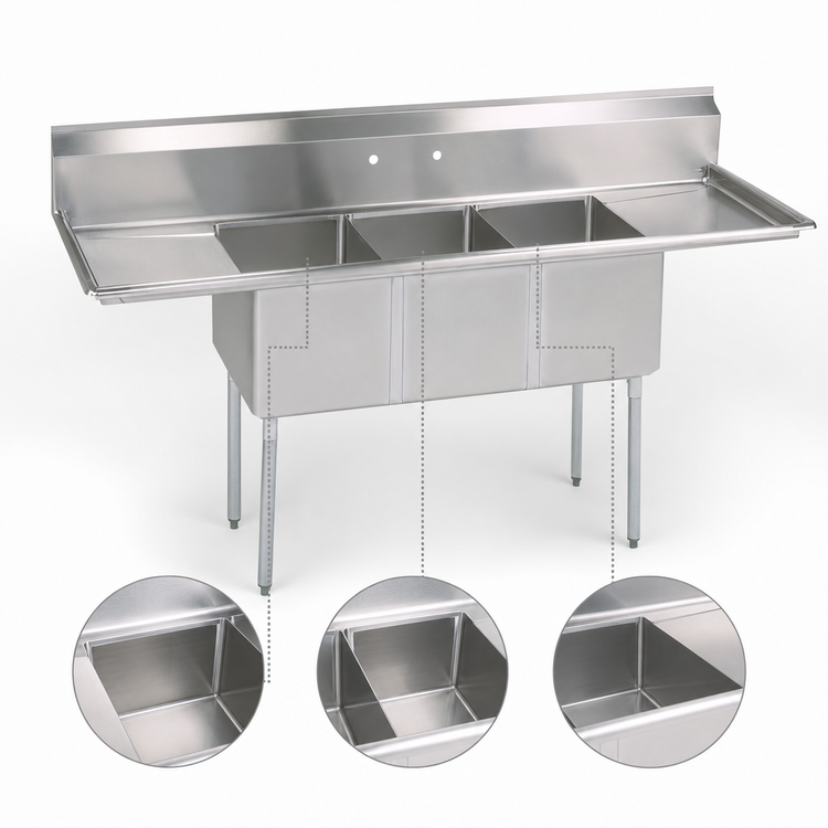 Product image #3 for BK Resources 108-Inch Three-Compartment Stainless Steel Sink with Left and Right Drainboards