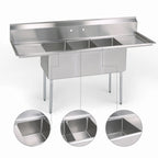 Thumbnail image #3 for BK Resources BKS-3-20-14-24T 108-Inch Three-Compartment Stainless Steel Sink with Left & Right 24-Inch Drainboards, 9-Inch Backsplash