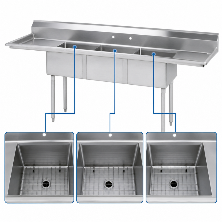 Product image #3 for Advance Tabco Special Value Series 84-Inch 3-Compartment Fabricated Sink with Left & Right Drainboards
