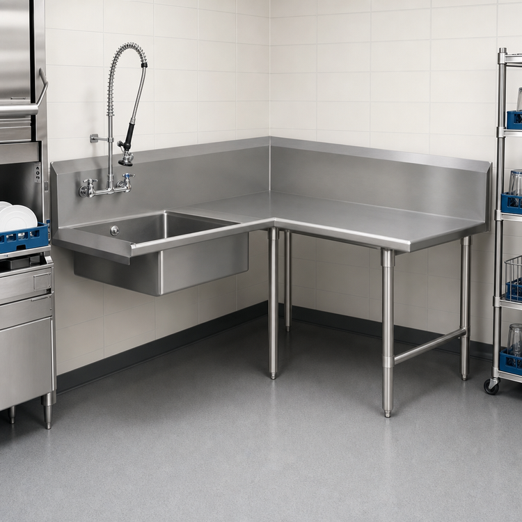 Product image #3 for Pro-Bowl Stainless Steel Corner Soiled Dishtable with Pre-Rinse Sink Bowl, Right-to-Left, 60" Machine Side x 108" End Side