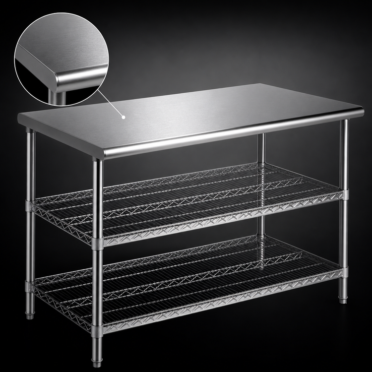 Product image #3 for AdjusTable 48 Inch x 24 Inch 14 Gauge 304 Stainless Steel Basic Unit Work Table with 2 Wire Undershelves
