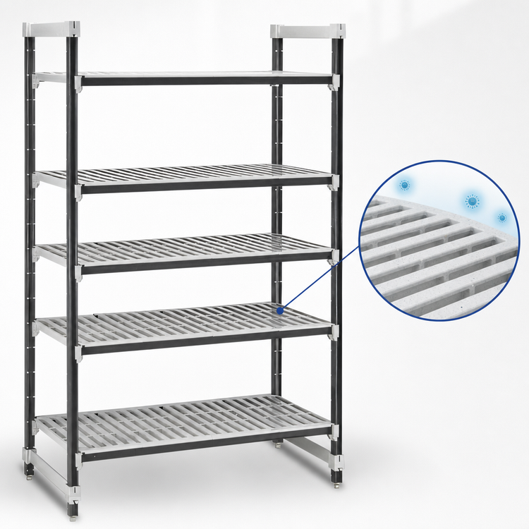 Product image #3 for Cambro Camshelving Elements XTRA 5-Tier Stationary Starter Unit, 18" x 54" x 84", Vented Polymer Shelving, Speckled Gray