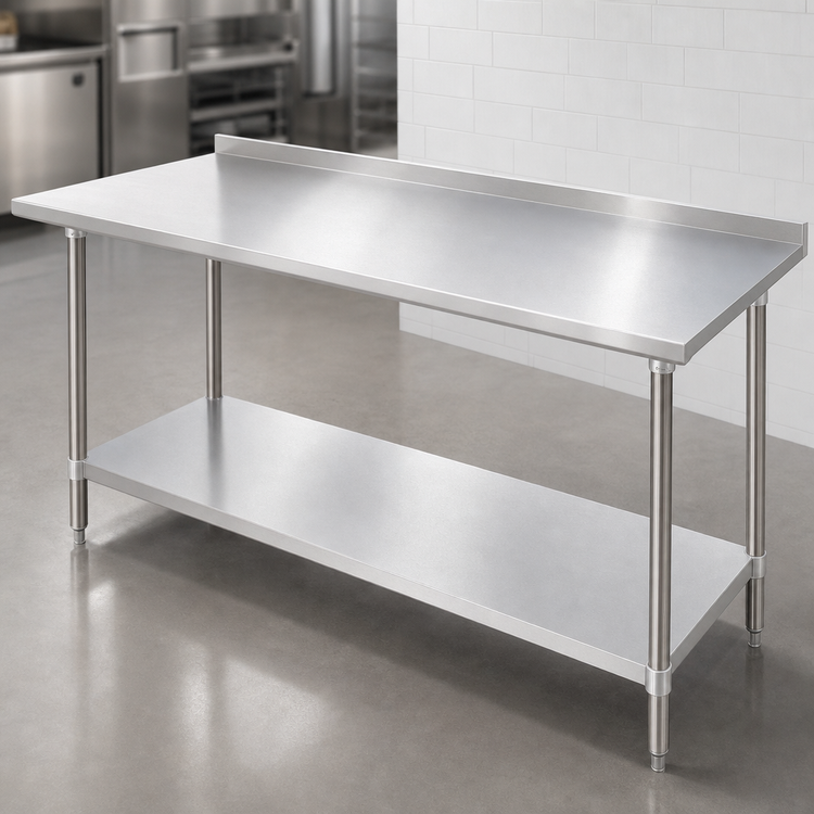 Product image #3 for Duke 144-Inch Long x 36-Inch Deep 16-Gauge 400 Series Stainless Steel Work Table with 1-1/8-Inch Riser and Galvanized Undershelf