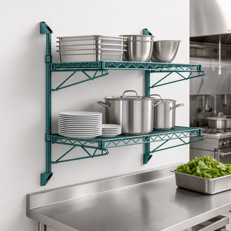 Product image #3 for Quantum Cantilever Double Shelf Wall-Mount Wire Shelving Unit, 30 x 18 Inches, Green Epoxy Antimicrobial Finish