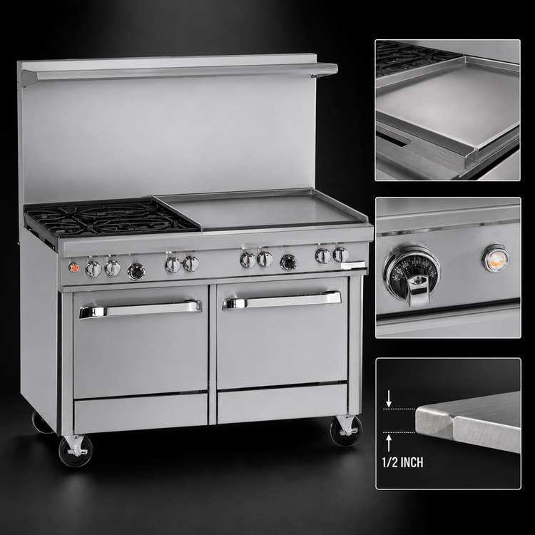 Product image #3 for Ultimate 48-Inch Gas Restaurant Range with Thermostatic Griddle, Convection Oven, and Cabinet Base