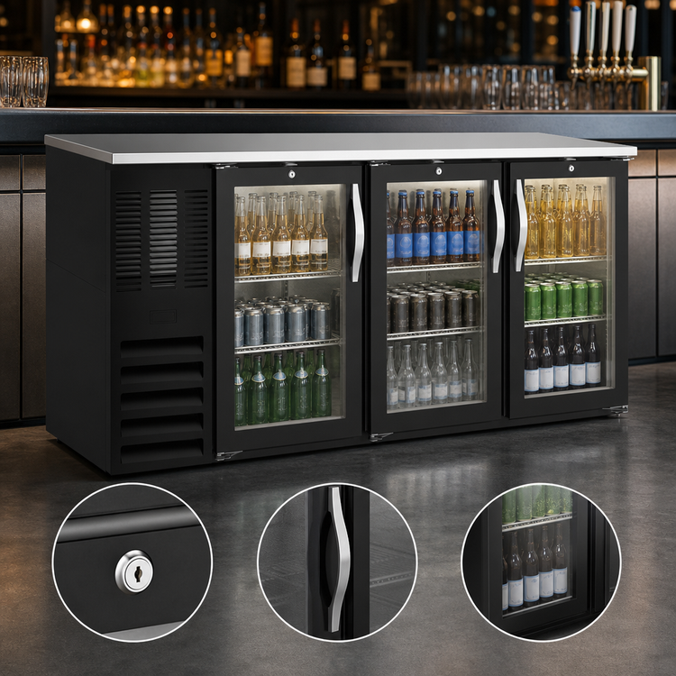 Product image #3 for Beverage-Air BB72HC-G-B 72-Inch Three-Section Glass Door Back Bar Refrigerator with Stainless Steel Top