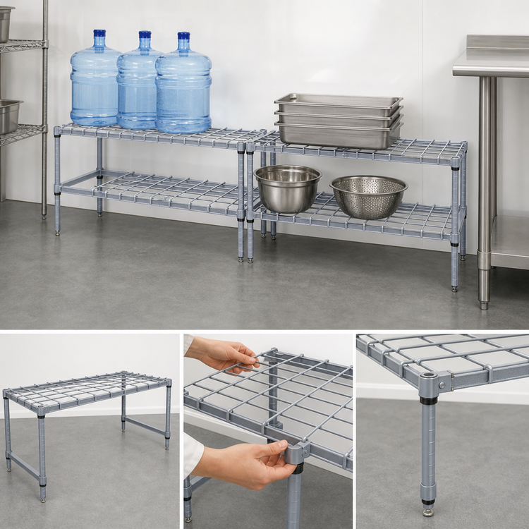Product image #3 for Quantum Modular Wire Dunnage Rack with Removable Wire Top Mat, 60-Inch W x 18-Inch D x 14-Inch H, 1,500 lb Capacity, Gray Epoxy Antimicrobial Finish