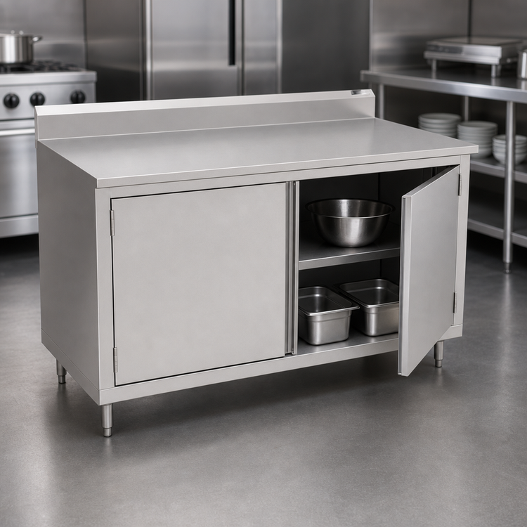 Product image #3 for John Boos 72 x 36 Inch Enclosed Cabinet Base Work Table with Hinged Doors, 14-Gauge Stainless Steel Top, and 5-Inch Backsplash