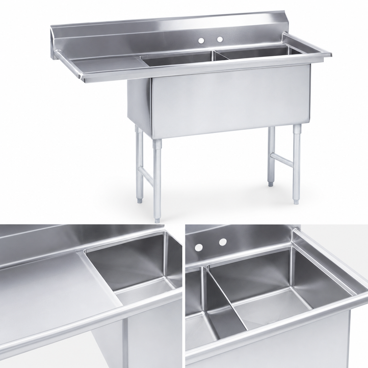 Product image #3 for Advance Tabco 2-Compartment Fabricated Sink with 24-Inch Left Drainboard, 14-Gauge 304 Stainless Steel