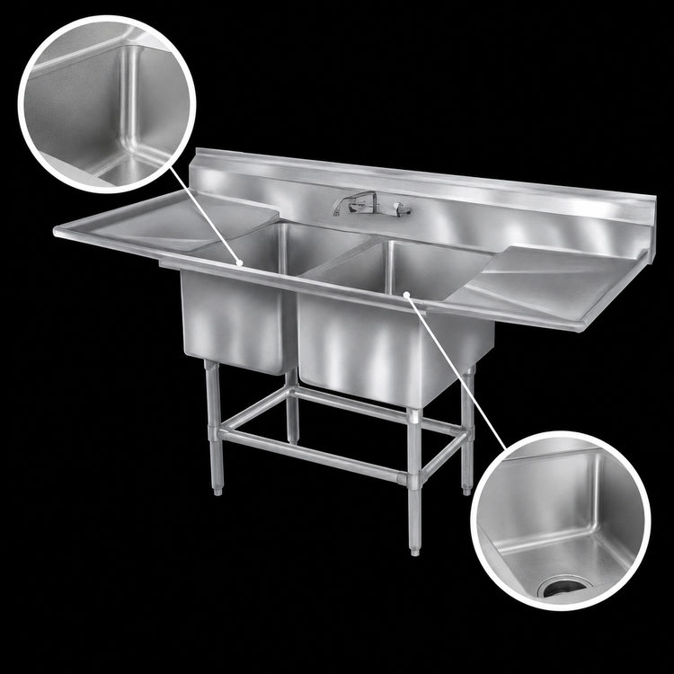 Product image #3 for Eagle Spec-Master FN Series Coved Corner Two-Compartment Commercial Sink with Left Drainboard, 59-1/2 Inch W x 27 Inch D