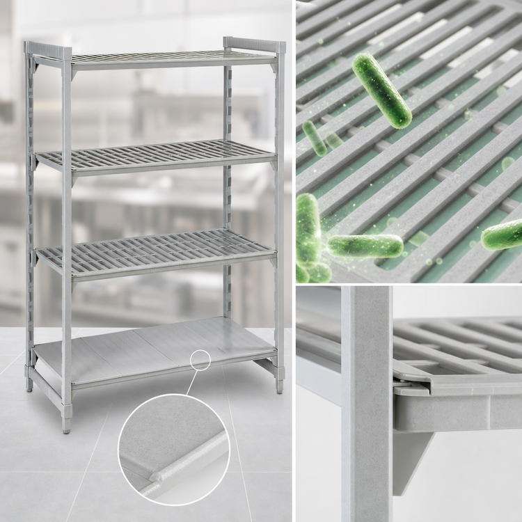 Product image #4 for Cambro Camshelving Premium 4-Shelf Stationary Starter Polymer Shelving Unit, 18 x 36 x 84 Inches, 3 Vented + 1 Solid, Speckled Gray