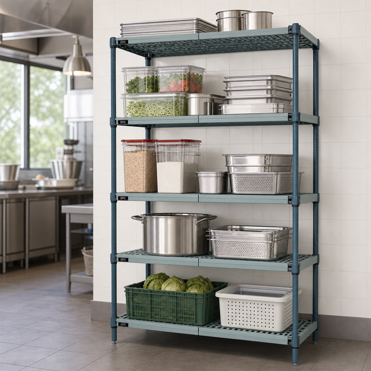 Product image #3 for Quantum 5-Tier Stationary Wire Plastic Mat Shelving Unit, 72 x 14 x 74 Inches, Green Epoxy Coated