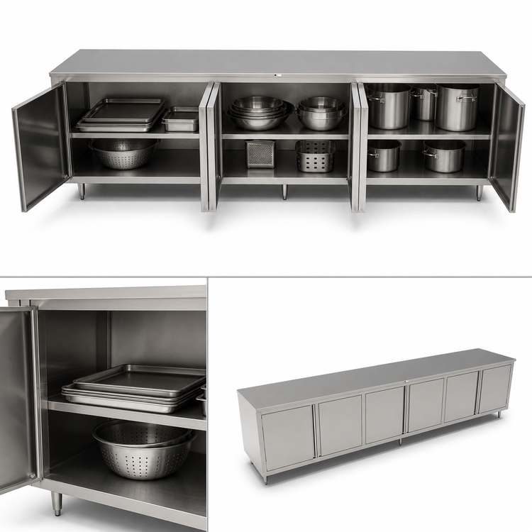 Product image #3 for John Boos Stainless Steel Enclosed Work Table with Cabinet Base and 3 Hinged Door Sets, 144 x 30 Inches
