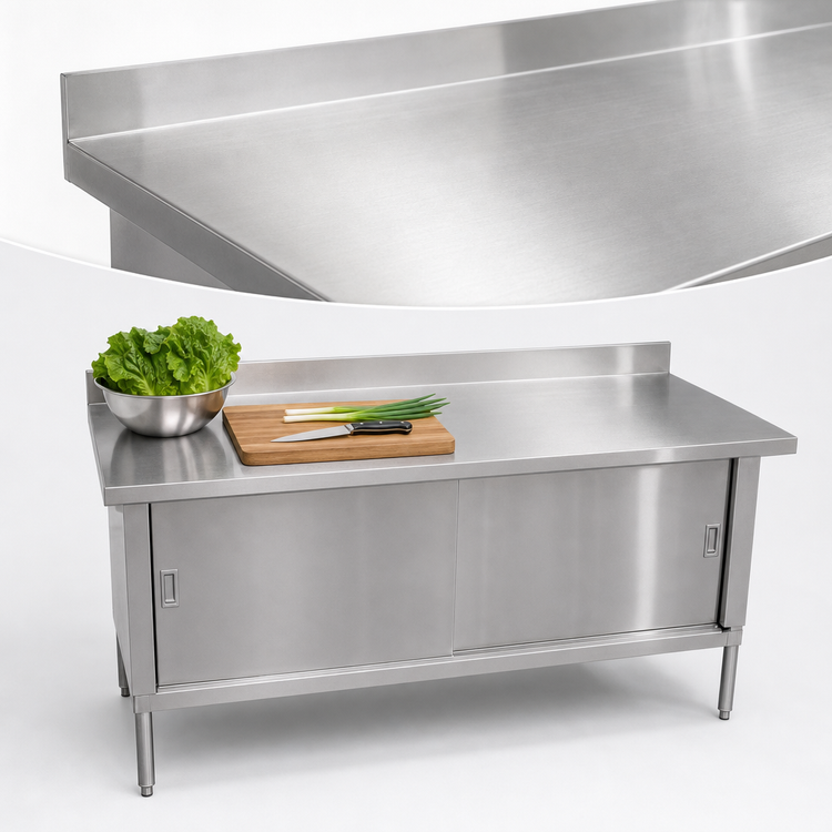 Product image #3 for Omcan USA 48-Inch x 30-Inch Stainless Steel Enclosed Work Table with Cabinet Base, Sliding Doors, and 4-Inch Backsplash