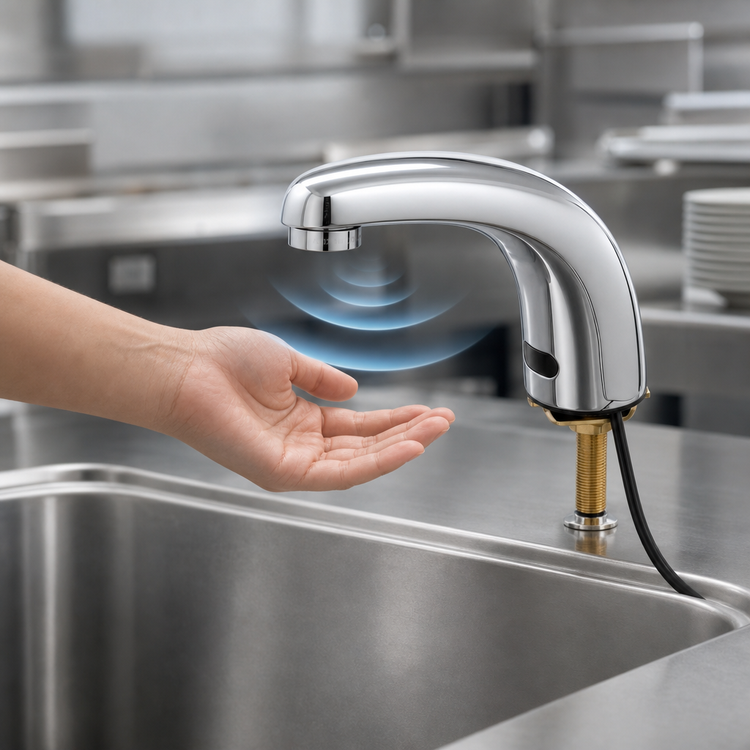 Product image #3 for Equip Touchless Electronic Sensor Deck-Mount Faucet with Thermostatic Mixing Valve, 2.2 GPM, Chrome-Plated Brass