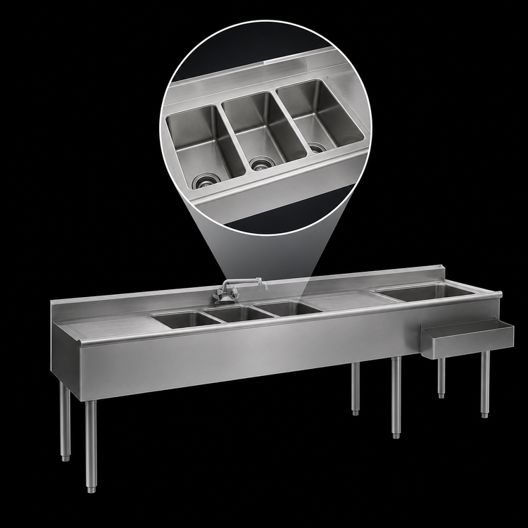 Product image #3 for Eagle Group 1800 Series 108-Inch Stainless Steel Underbar Combination Unit with 3 Sink Bowls, Ice Bin, and Dual Drainboards