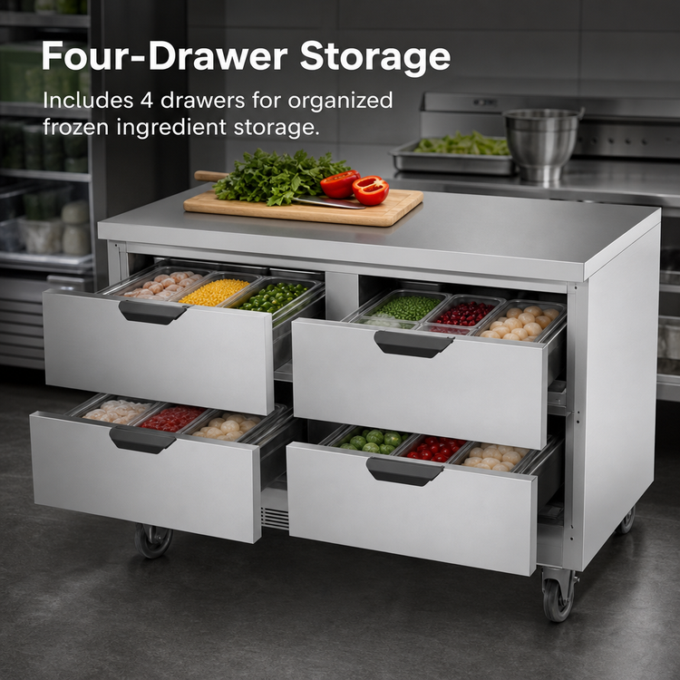 Product image #3 for Beverage Air 48-Inch Two-Section Stainless Steel Worktop Freezer with 4 Drawers and Flat Top