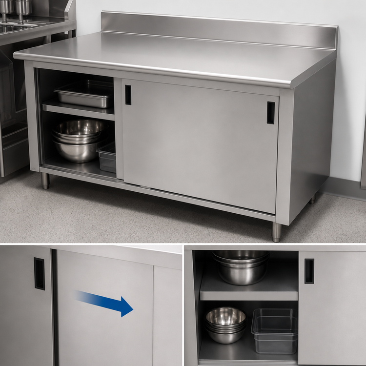 Product image #3 for Advance Tabco Enclosed Work Table with Cabinet Base and Sliding Doors, 108-Inch W x 36-Inch D, 14-Gauge 304 Stainless Steel Top, 5-Inch Backsplash