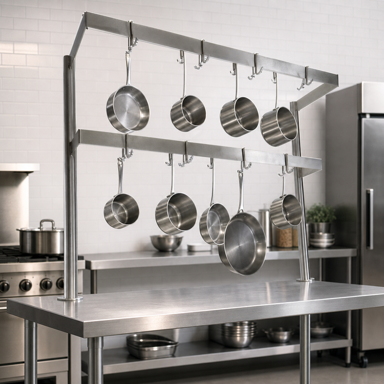 Product image #3 for John Boos PRD4A Table-Mounted Double-Bar Stainless Steel Pot Rack with 18 Double Hooks