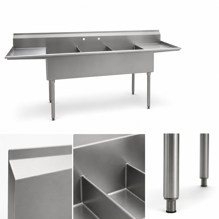 Product image #3 for Eagle Group 72-1/4 Inch Wide 3-Compartment Utility Sink with Left & Right Drainboards, 16 Gauge 304 Stainless Steel