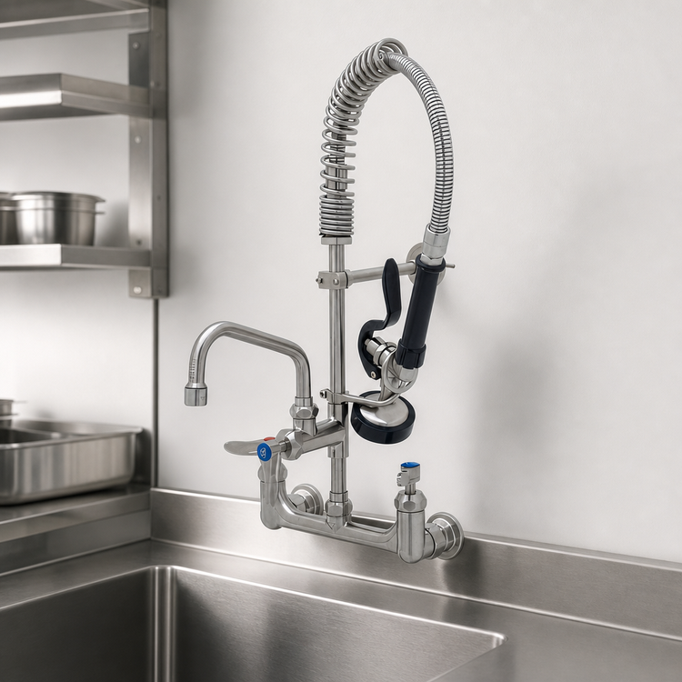 Product image #4 for T&S Brass 8-Inch Center Wall-Mount Mini Pre-Rinse Faucet with Add-On Faucet, 6-Inch Swing Nozzle, and 1.15 GPM Spray Valve