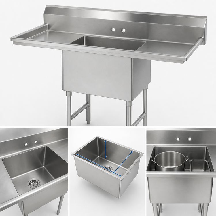 Product image #3 for 1-Compartment Fabricated Sink with Left and Right Drainboards, 96 Inch Length, 304 Stainless Steel