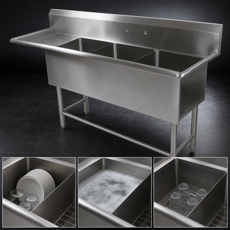 Product image #3 for John Boos Pro-Bowl 3-Compartment Sink with Left Drainboard, 18" x 18" x 12" Bowls