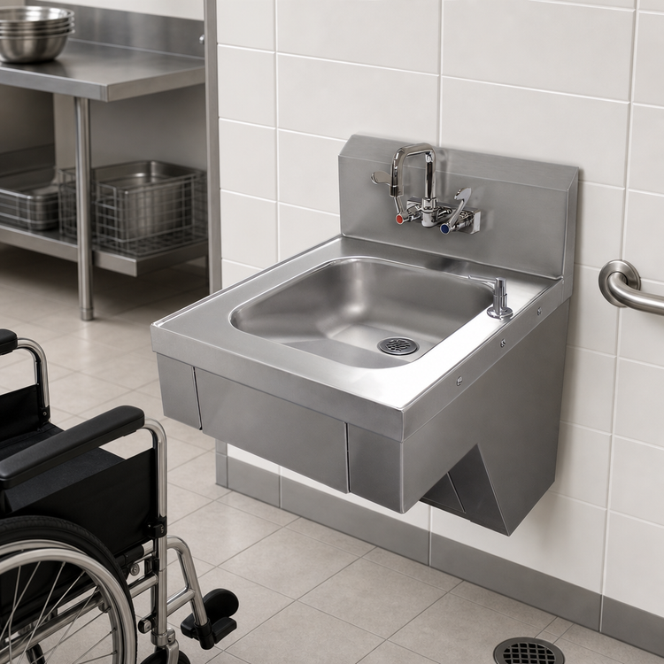 Product image #3 for Advance Tabco ADA Compliant Wall-Mounted Hand Sink with Tapered 14 x 16 x 5-Inch Bowl, Faucet, Soap Dispenser and Basket Drain