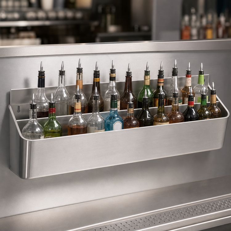 Product image #3 for Advance Tabco Underbar Basics™ DT-4 Double-Tier Standard Duty Stainless Steel Speed Rail, 48 Inch, Keyhole Mount, 24-26 Bottle Capacity