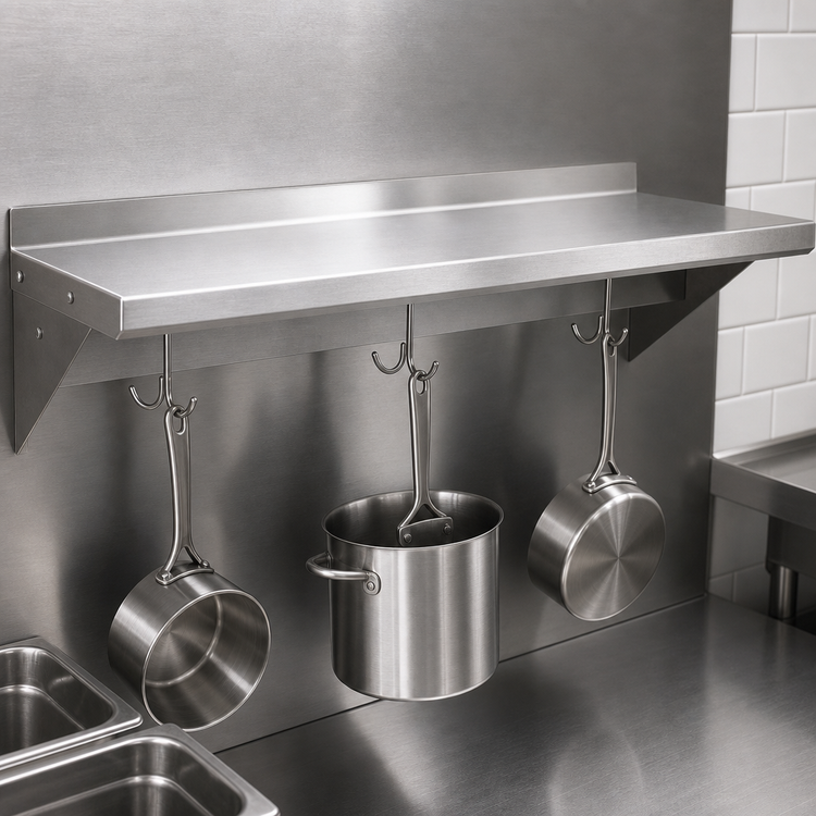 Product image #3 for BK Resources Premium T-304 Stainless Steel Wall-Mount Pot Rack Shelf with Hooks, 24 x 12 Inches